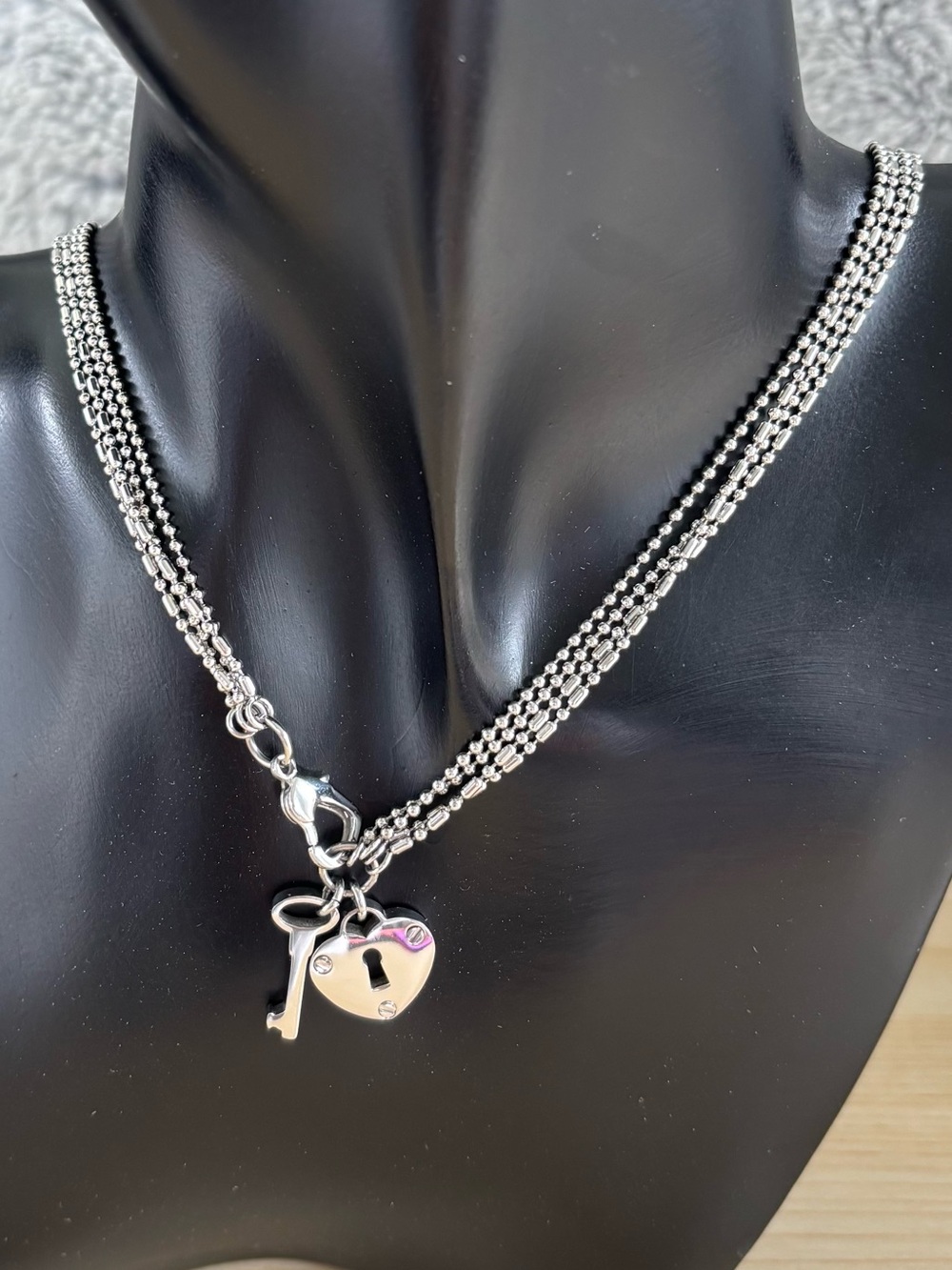 Stainless Steel Heart Lock & Key Multi Layer Necklace